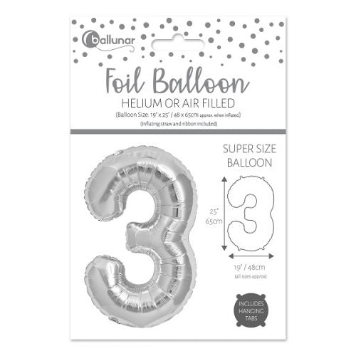 Number 3 Silver Foil Balloon (65cm)