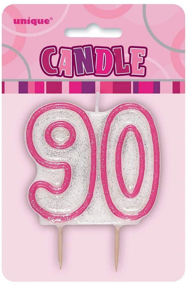 Pink and White Numeral Birthday Candle 90