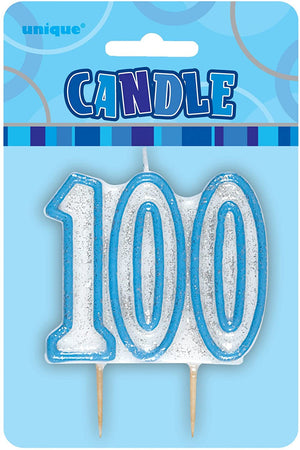 Blue and White Numeral Birthday Candle 100