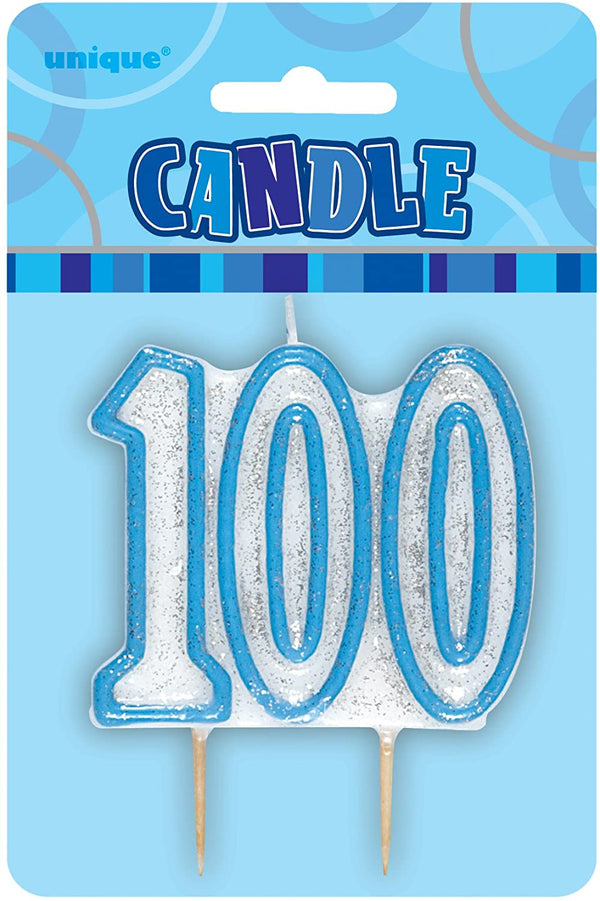 Blue and White Numeral Birthday Candle 100