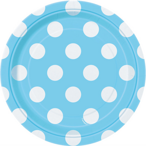 Powder Blue Dots Round 7" Dessert Plates (8 Pack)