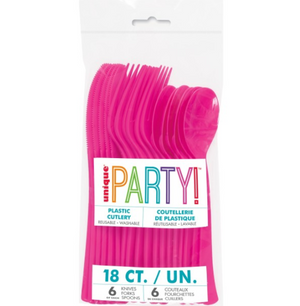 Neon Pink Solid Assorted Plastic Cutlery (18 Pack)