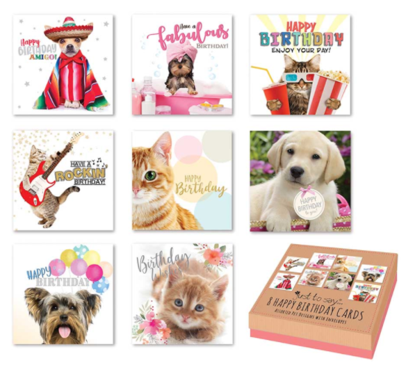 Mixed Pets Birthday Cards in Keepsake Box ( 8 Pack)