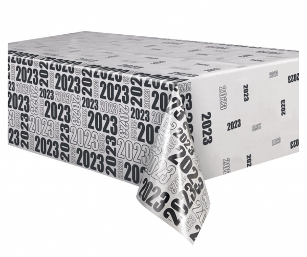 Black Gold & Silver New Years 2023 Clear Rectangular Plastic Table Cover - ( 54" x 108")