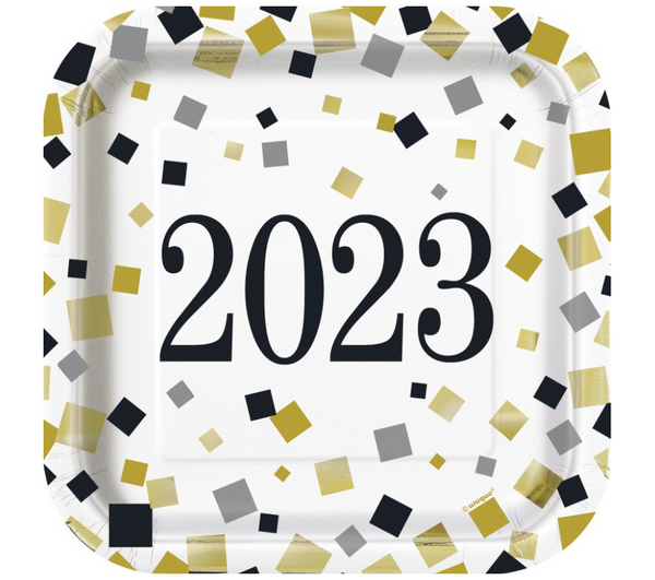 Black Gold & Silver New Years 2023 Square 7" Dessert Plates Foil Stamping - (8 Pack)