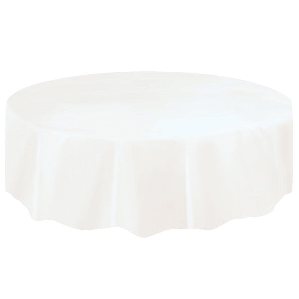 White Solid Round Plastic Table Cover (84")