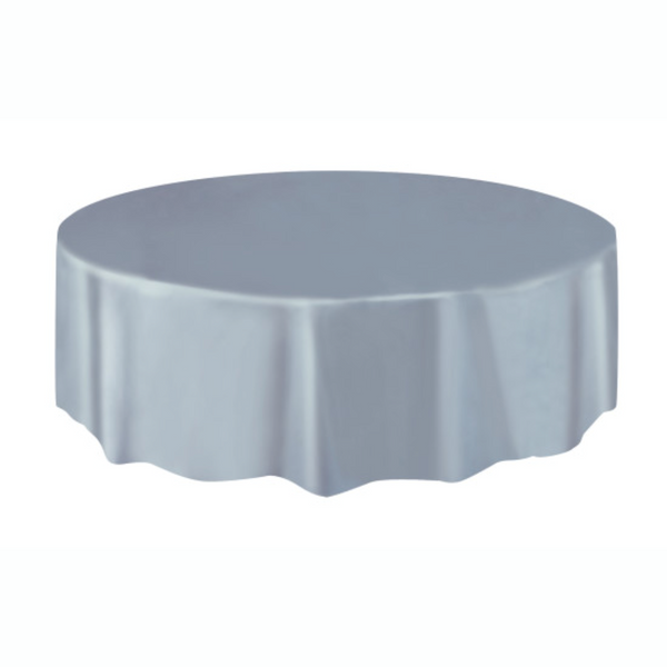 Silver Solid Round Plastic Table Cover (84")