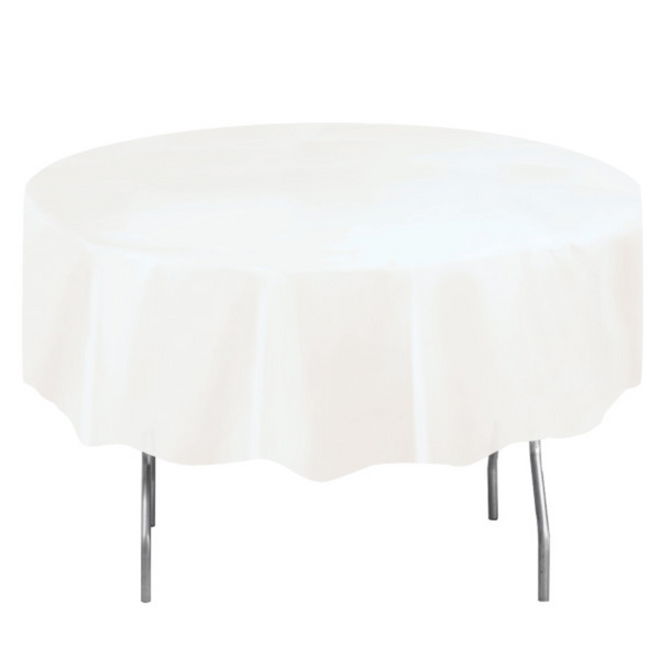 White Solid Round Plastic Table Cover - Short Fold (84")