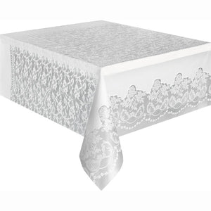 White Lace Rectangular Plastic Table Cover (54" x 108")