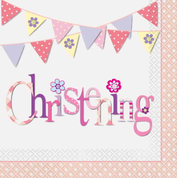 Pink Bunting Christening Luncheon Napkins (16 Pack)