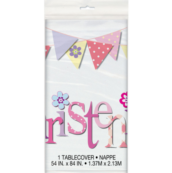 Pink Bunting Christening Rectangular Plastic Table Cover (54"x84")