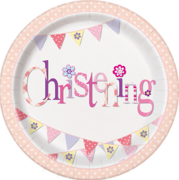 Pink Bunting Christening Round 9" Dinner Plates (8 Pack)
