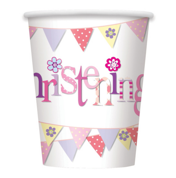 Pink Bunting Christening 9oz Paper Cups (8 Pack)
