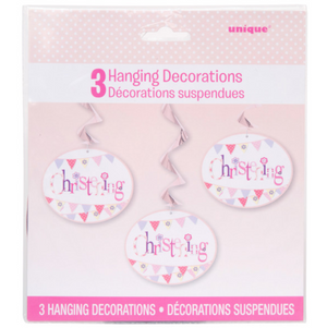 Pink Bunting Christening Hanging Swirl Decorations 26" (3 Pack)