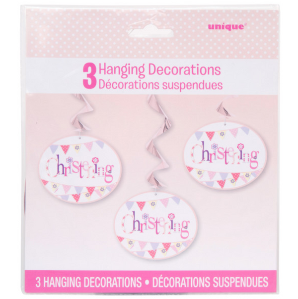 Pink Bunting Christening Hanging Swirl Decorations 26" (3 Pack)