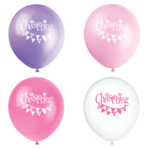 Pink Bunting Christening 12" Latex Balloons (8 Pack)