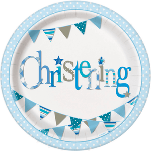 Blue Bunting Christening Round 9" Dinner Plates (8 Pack)