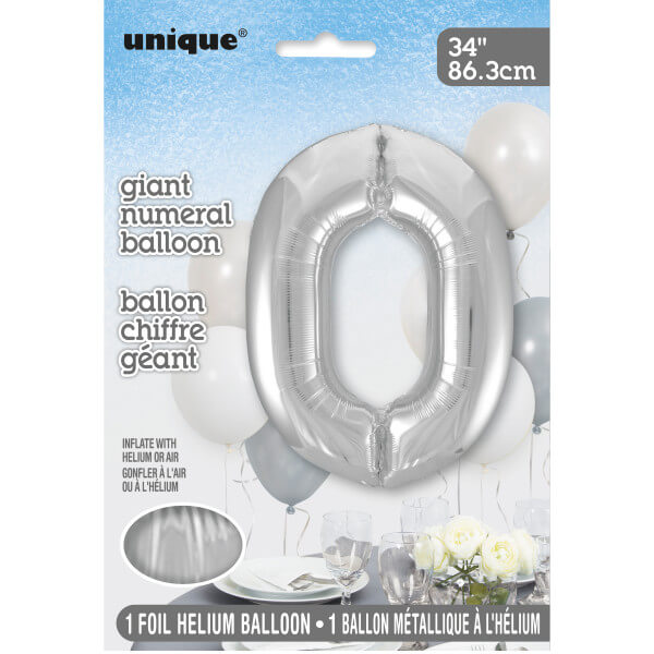 34" Silver Number 0 Shaped Foil Balloon (Non Inflated)