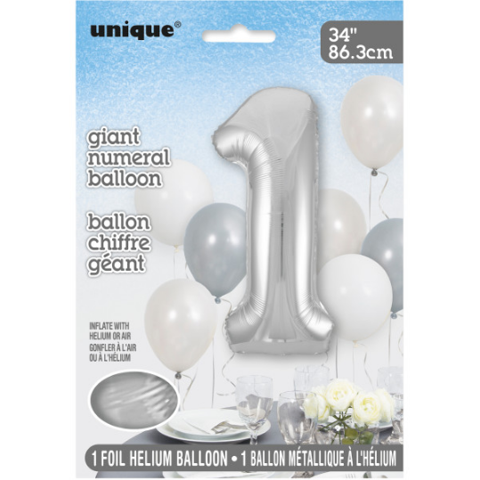 34" Silver Number 1 Shaped Foil Balloon (Non Inflated)