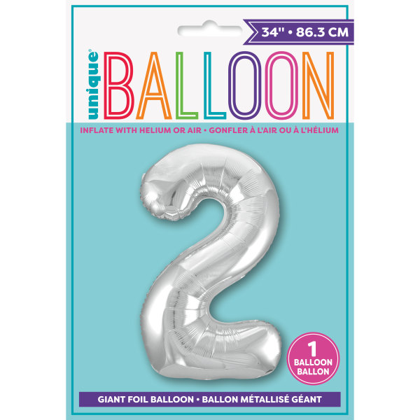 34" Silver Number 2 Shaped Foil Balloon (Non Inflated)
