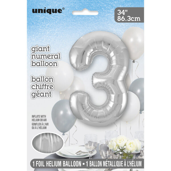 34" Silver Number 3 Shaped Foil Balloon (Non Inflated)