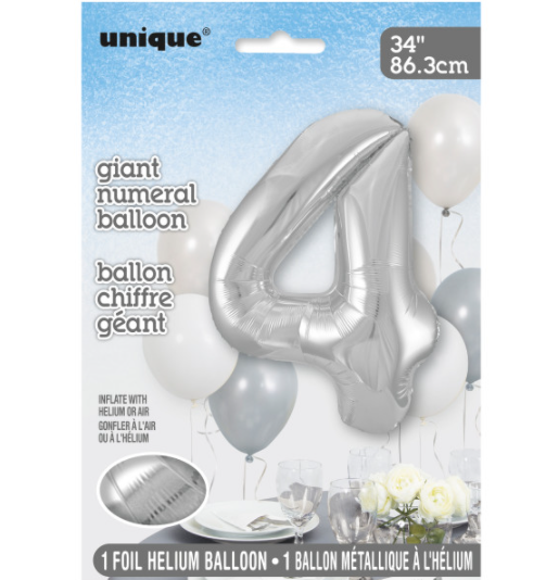 34" Silver Number 4 Shaped Foil Balloon (Non Inflated)