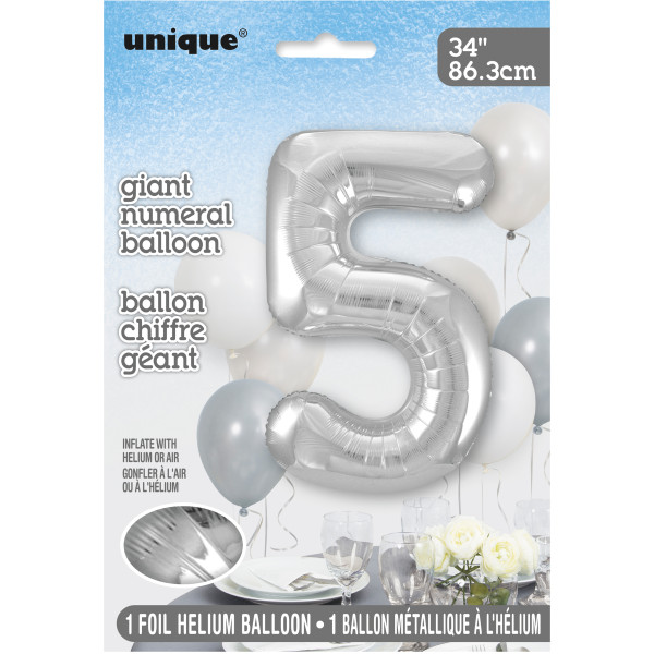 34" Silver Number 5 Shaped Foil Balloon (Non Inflated)