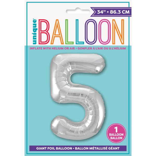 34" Silver Number 5 Shaped Foil Balloon (Non Inflated)