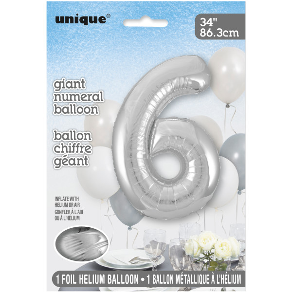 34" Silver Number 6 Shaped Foil Balloon (Non Inflated)