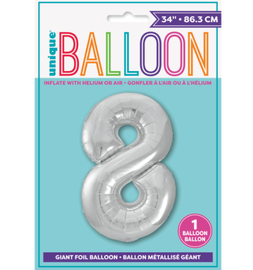 34" Silver Number 8 Shaped Foil Balloon (Non Inflated)
