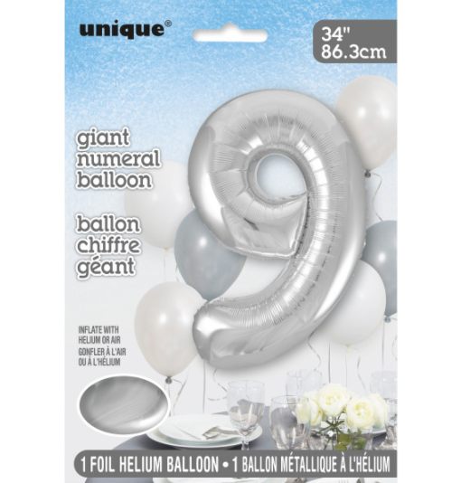 34" Silver Number 9 Shaped Foil Balloon (Non Inflated)