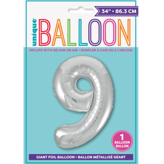 34" Silver Number 9 Shaped Foil Balloon (Non Inflated)
