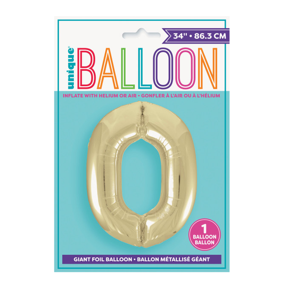 34" Gold Number 0 Shaped Foil Balloon (Non Inflated)