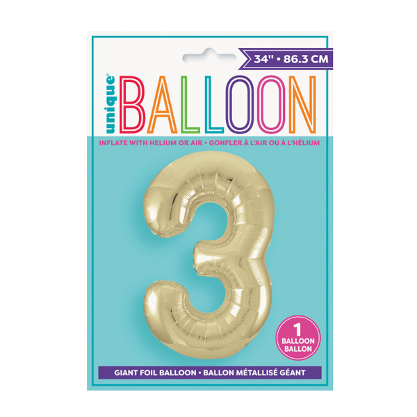 34" Gold Number 3 Shaped Foil Balloon (Non Inflated)