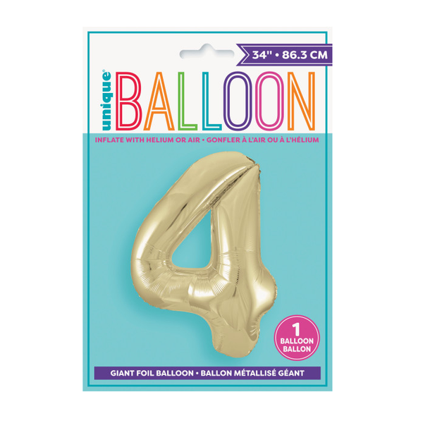 34" Gold Number 4 Shaped Foil Balloon (Non Inflated)