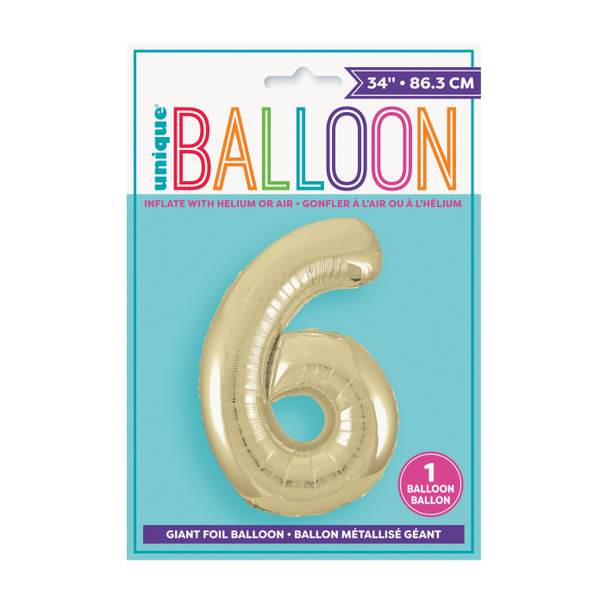 34" Gold Number 6 Shaped Foil Balloon (Non Inflated)