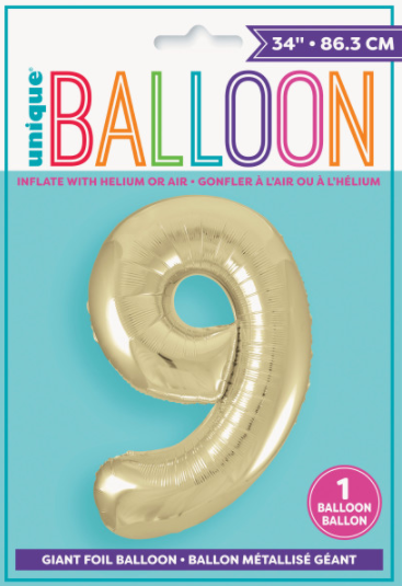 34" Gold Number 9 Shaped Foil Balloon (Non Inflated)