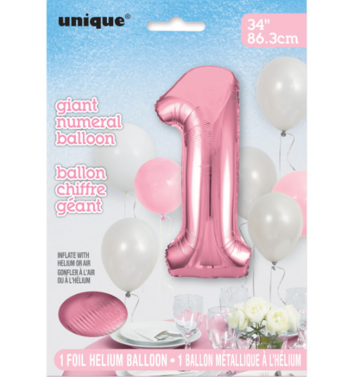 34" Lovely Pink Number 1 Shaped Foil Balloon (Non Inflated)