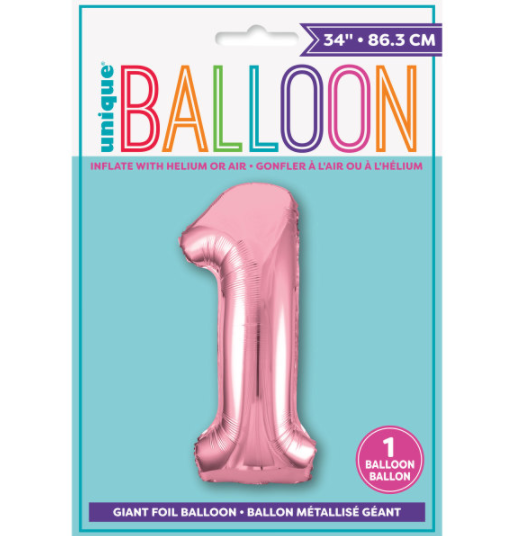 34" Lovely Pink Number 1 Shaped Foil Balloon (Non Inflated)