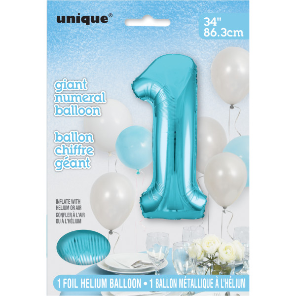 34" Powder Blue Number 1 Shaped Foil Balloon (Non Inflated)