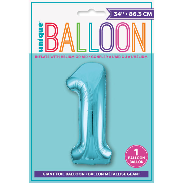 34" Powder Blue Number 1 Shaped Foil Balloon (Non Inflated)