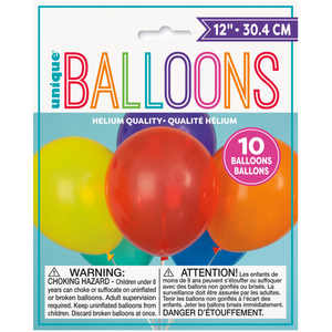 12" Latex Balloons - Assorted (10 Pack)