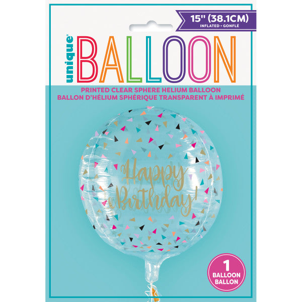 Colorful Birthday Printed Clear Sphere Helium Balloon (15”)