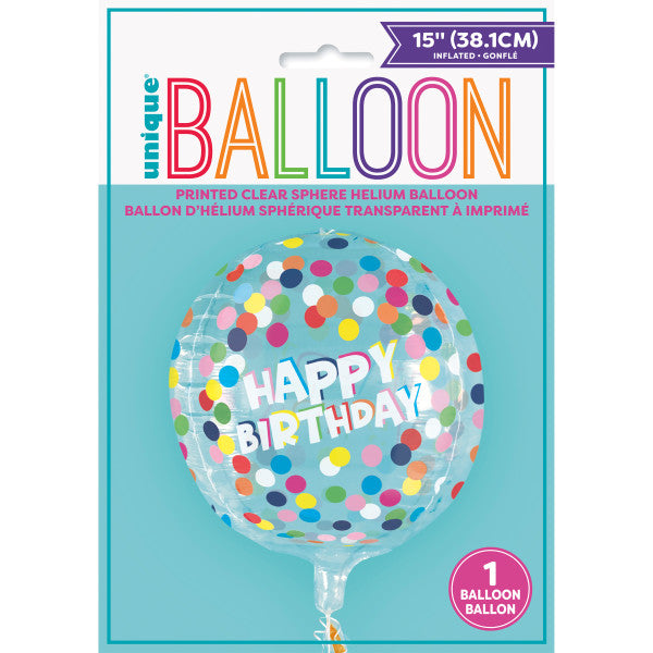Polka Dot Birthday Printed Clear Sphere Helium Balloon (15”)