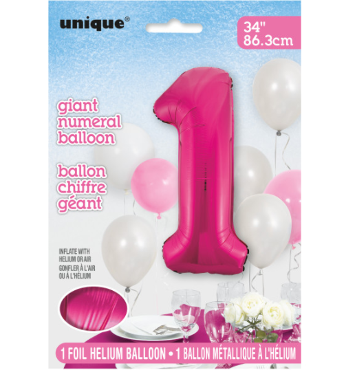 34" Pink Number 1 Shaped Foil Balloon (Non Inflated)