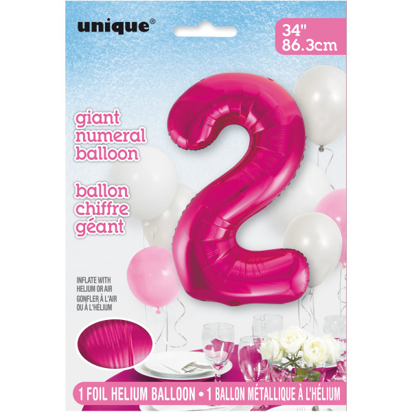 34" Pink Number 2 Shaped Foil Balloon (Non Inflated)