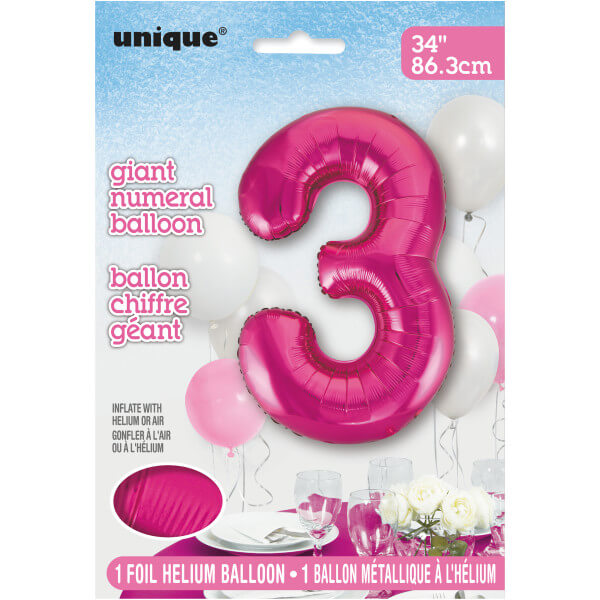 34" Pink Number 3 Shaped Foil Balloon (Non Inflated)