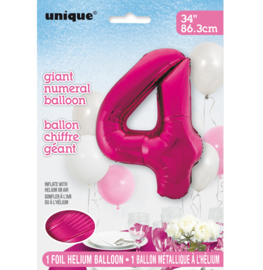 34" Pink Number 4 Shaped Foil Balloon (Non Inflated)
