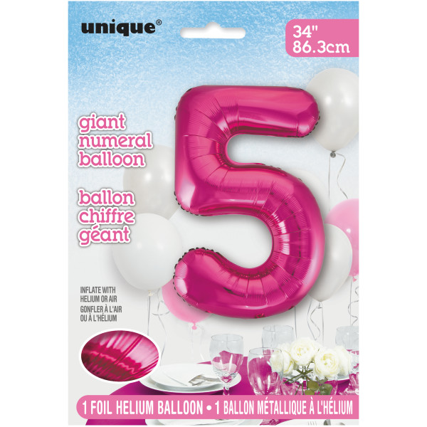34" Pink Number 5 Shaped Foil Balloon (Non Inflated)