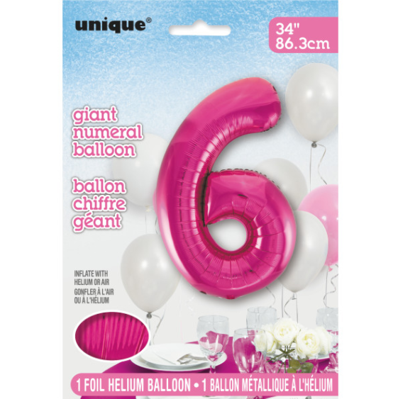 34" Pink Number 6 Shaped Foil Balloon (Non Inflated)